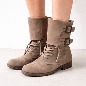 AllSaints Stone Taupe Suede Leather Combat Boots Double Distressed Buckle | 9.5